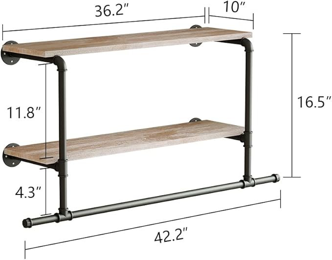 MAIKAILUN Industrial Pipe Clothes Rack with Wood Shelf, 42" Long Wall Mounted Clothing Rack with Hanging Rod for Laundry Room, Heavy Duty Pipe Shelves, Closet Storage, Retail Boutique Display