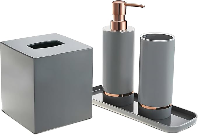 Decozen Bathroom Accessories - 4Pcs Bath Accessories for Home Decor Soap Dispenser, Lotion Dispenser, Tissue Box & Tray for Bath Decor Countertop Organizer - Christmas Decorations, Housewarming Gift