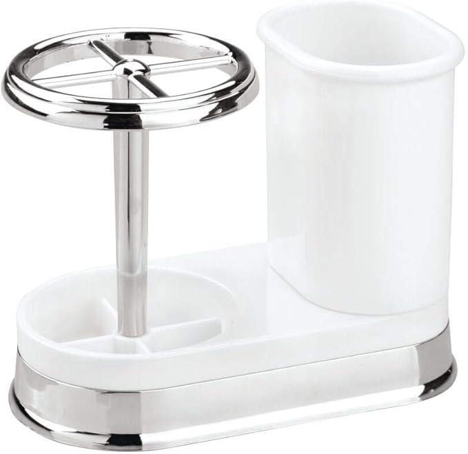 mDesign Decorative Bathroom Dental Storage Organizer Holder Stand for Electric Spin Toothbrush/Toothpaste - Compact Design for Countertop and Vanity, Holds 4 Standard Brushes - White/Chrome