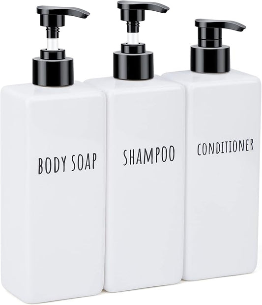 Segbeauty Plastic Soap Dispenser, 3pcs 16.9oz Refillable Shampoo Bottles White, 500ml Empty Square Pump Press Bottle Shower Dispenser Lotion Container for Modern Bathroom Hotel Kitchen