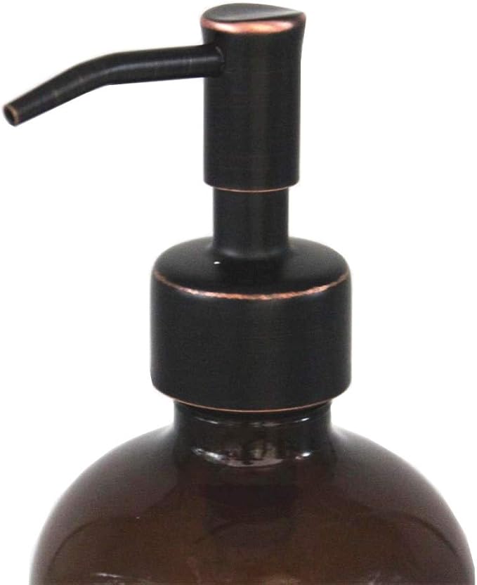 2 Pack Thick Amber Glass Pint Jar Soap Dispenser with Oil Rubbed Bronze Stainless Steel Pump, 16ounce Boston Round Bottles Dispenser with Rustproof Pump for Essential Oil, Lotion Soap