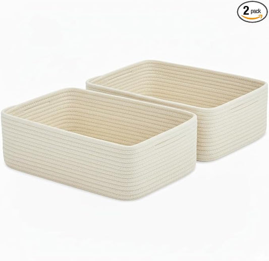 15"x11"x5.1" Storage Baskets for Shelves 2 Pack, White Basket for Organizing, Cloth Basket for Closet Organization, Shelves, Cotton Rope Basket for Storage, White