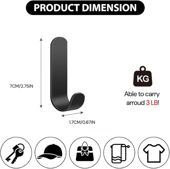 Metal Adhesive Hooks,10 Pcs, Heavy Dut Hold 3Lbs, Stainless Steel Wall Sticky Hooks for Hat, Coat, Towel, Backpack, Home Decorative Accessories (10, Black)