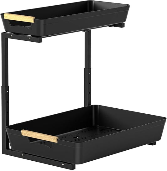 Under Sink Organizers and Storage, 2 Tier Pull Out Bathroom Cabinet Organizer with Sliding Drawer, Height Adjustable Under Sink Storage for Kitchen Bathroom Cabinet Black