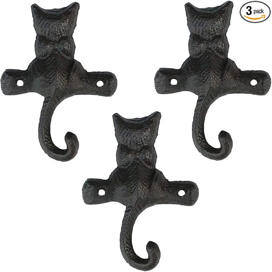 DPOWERFUL Vintage Cat Design Cast Iron Wall Hooks - Rustic Metal Coat, Hat & Towel Hangers, Decorative Key Holder for Entryway, Farmhouse Decor with Mounting Hardware, 3 Pack