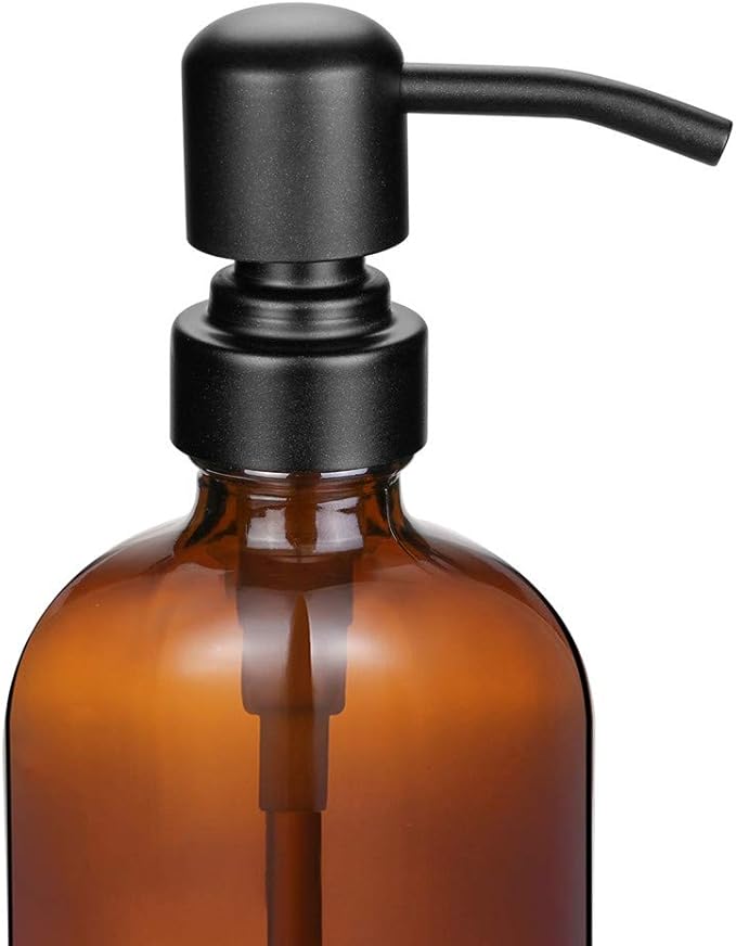 2 Pack Thick Amber Glass Pint Jar Soap Dispenser with Matte Black Stainless Steel Pump, 16ounce Boston Round Bottles Dispenser with Rustproof Pump for Essential Oil, Lotion Soap