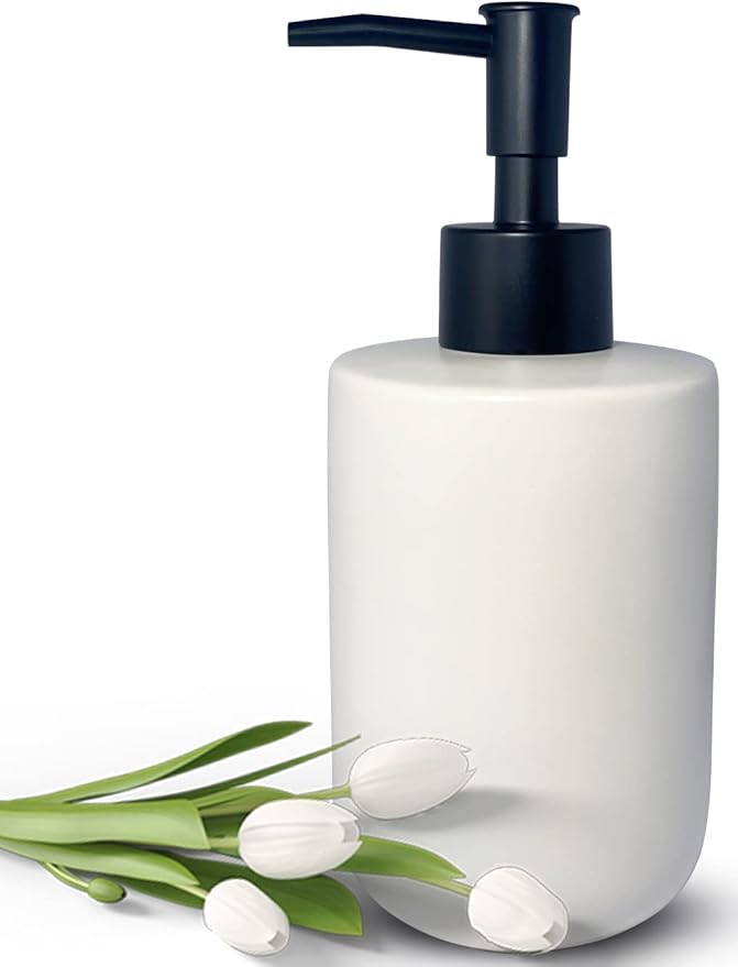 White Soap Dispenser with Matte Black Pump for Bathroom,Minimalist Modern Design Cylindrical Lotion Dispenser,12oz Ceramic Hand Dish Soap Dispenser,Refillable Liquid Dispenser for Kitchen (White)