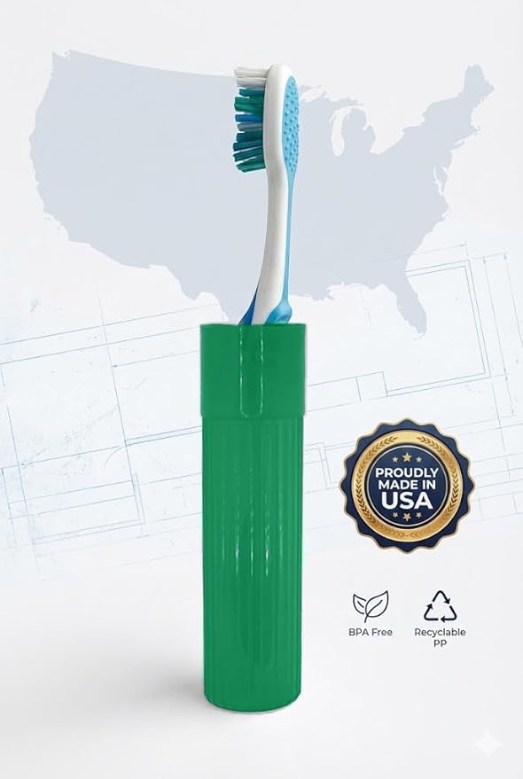 Toothbrush Holder (Green) - Made in USA, with Ventilation Holes, for Toothbrush Covers, Toothbrush Holder, Toothbrush Soft, Durable Design, Hygienic Bathroom Accessory