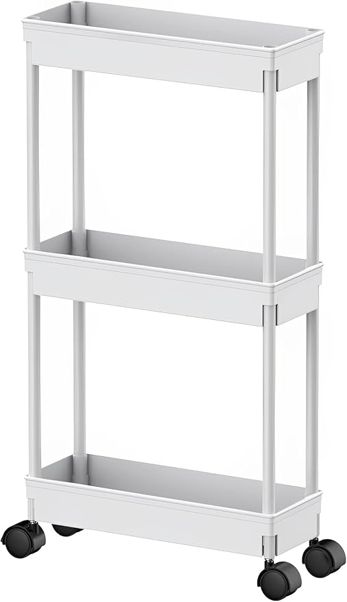 Sooyee 3 Tier Rolling Cart with Wheels,Slim Storage Cart,Under Desk Narrow Rolling Utility Cart Storage Organizer for Office Bathroom Kitchen Laundry Room Narrow Places, White