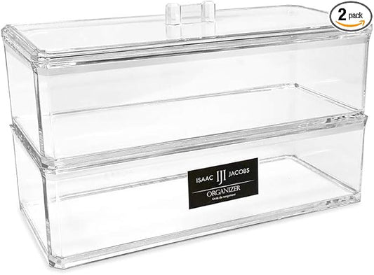 Isaac Jacobs Clear Acrylic Rectangular Stackable (2-Pack) Storage Organizer with Lid, Drawer Tray, Multi-Functional Tray, Bathroom, Kitchen, Home, Office, Desk, Drawers