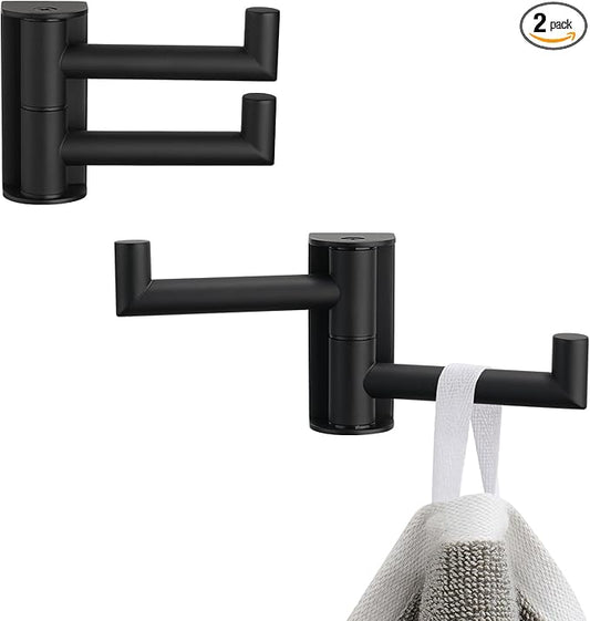 Matte Black Rotating Double Towel Hooks 2 Pack, 304 Stainless Steel Swivel Wall Hooks with 2 Arms, Space Saving Towel Hangers for Bathroom Kitchen