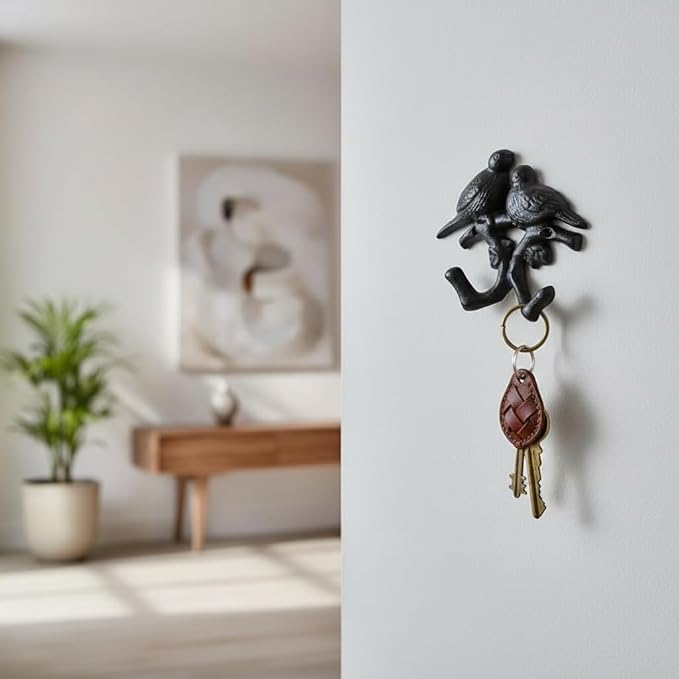 Comfy Hour 5.4" Heavy Duty Cast Iron Bird Wall Hook, Decorative Double Bird Key Holder for Wall, Rustic Animal Coat Rack for Entryway, Bathroom & Mudroom, Vintage Home Decor, Black, 1 pc