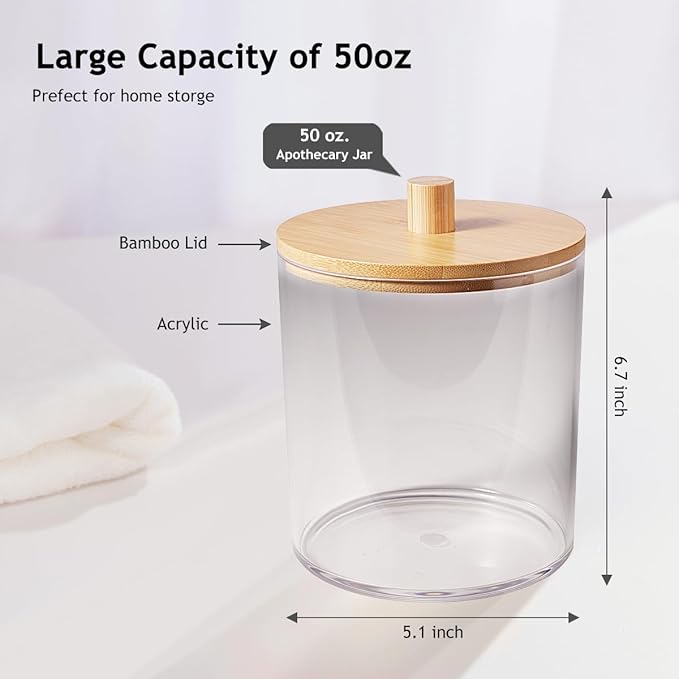 SheeChung 2 Pack 50oz Large Apothecary Jar with Natural Bamboo Lid - Shatterproof Laundry Pods Container for Laundry - Clear Plastic Storage Canister for Scent Beads & Bath Salts with Labels & Spoon
