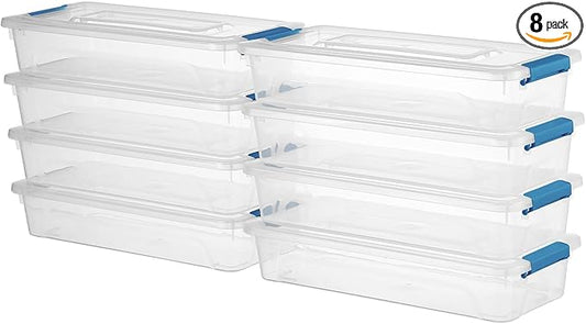 novelinks Clear Stackable Storage Bins with lid Storage Boxes Durable Plastic Organizer Containers for Home Office, Kitchen, Craft Supplies (4 Quart 8 Pack Blue)