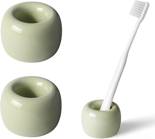 AirMoon Mini Ceramic Toothbrush Holder for Bathroom - Dark Green Small Countertop Organizer, Easy Clean Toothbrush Stand, Suit for Electric Toothbrush Head, Pens & Coffee Spoon, Pack of 2