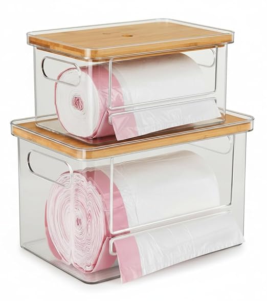 2 Pack Stackable Trash Bag Dispenser with Wooden Top for Large & Extra-Large Rolls – Garbage Bag Holder for 13-33 Gallon Bags – Trash Bag Dispenser Under Sink with Anti-Slip Base for Rolls Storage