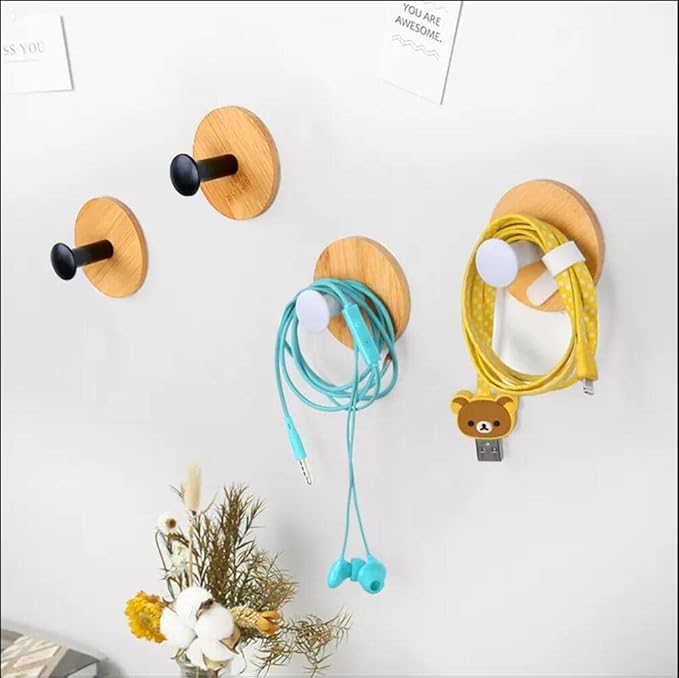 4pack Decorative Wood Wall Hook Coat Hooks for Hanging Adhesive Waterproof Wall Hook Clothes Bag Key Hanger Hook Bedroom Kitchen Bathroom Door Robe Towel Hooks-White