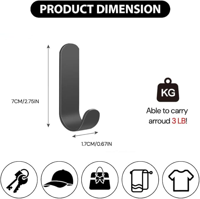 Stainless Door Hook, Extra Sticky 3LB Wall Holder for Hanging Towel, Coat, Cloth, Hat, Key, Bag, Black Adhesive Wall Hook for Shower Kitchen Bathroom (J-Type,Grey,10)