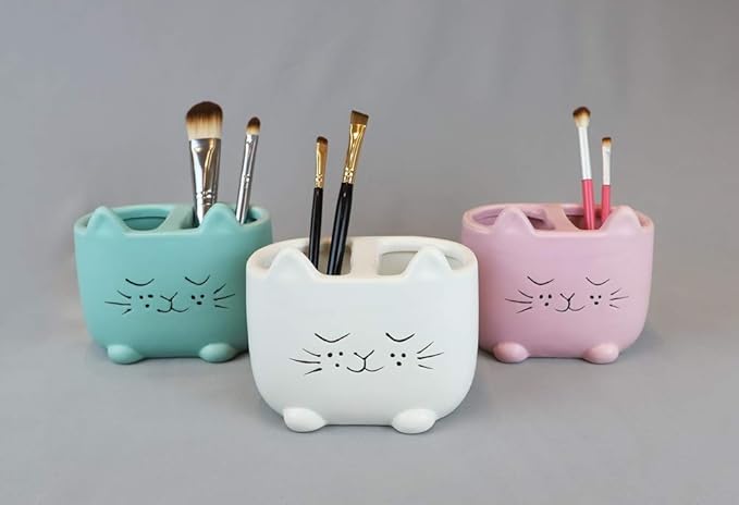 Isaac Jacobs Blue Ceramic Cat Makeup Brush Holder, Multi-Purpose 2-Section Organizer. Bathroom, Kitchen, Bedroom, Office Décor (2-Section Cup, Pastel Blue)