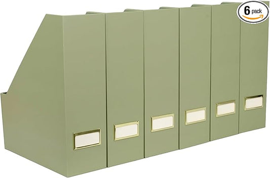 BLU MONACO | Set of 6 Foldable Magazine File Holders in Earth Green | Heavy-Duty Vertical File Organizers with Label Holders | Desk Organizer Set for Paperwork, Documents & Office Storage