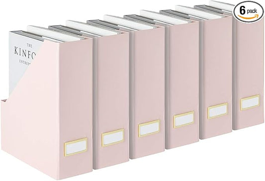 BLU MONACO | Cardboard Magazine File Holder Set of 6 Pink | Vertical Magazine File Holder with Gold Label Slots | Standing File Holder and Cardboard Bins for Shelves Desk Storage