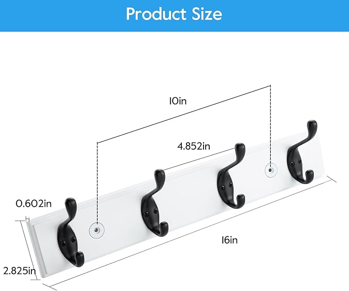 HOME MASTER HARDWARE Coat Rack Wall Mount White, MDF Wall Mounted Coat Hooks for Hanging Coats, 16" Hat Rack for Wall with 4 Matte Black Hooks
