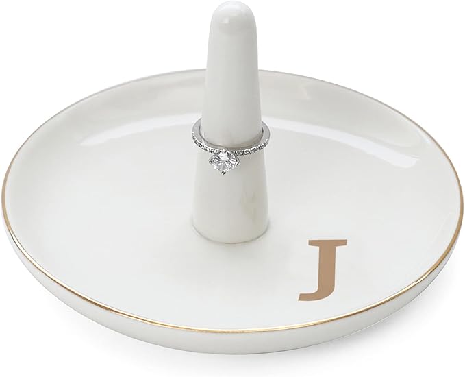 HOME SMILE Initials Ring Holder Jewery Tray with personalized J-Monogrammed Engagement Gifts for Friends,Birthday Mother's Day Christmas Gifts for Women,Ceramic White