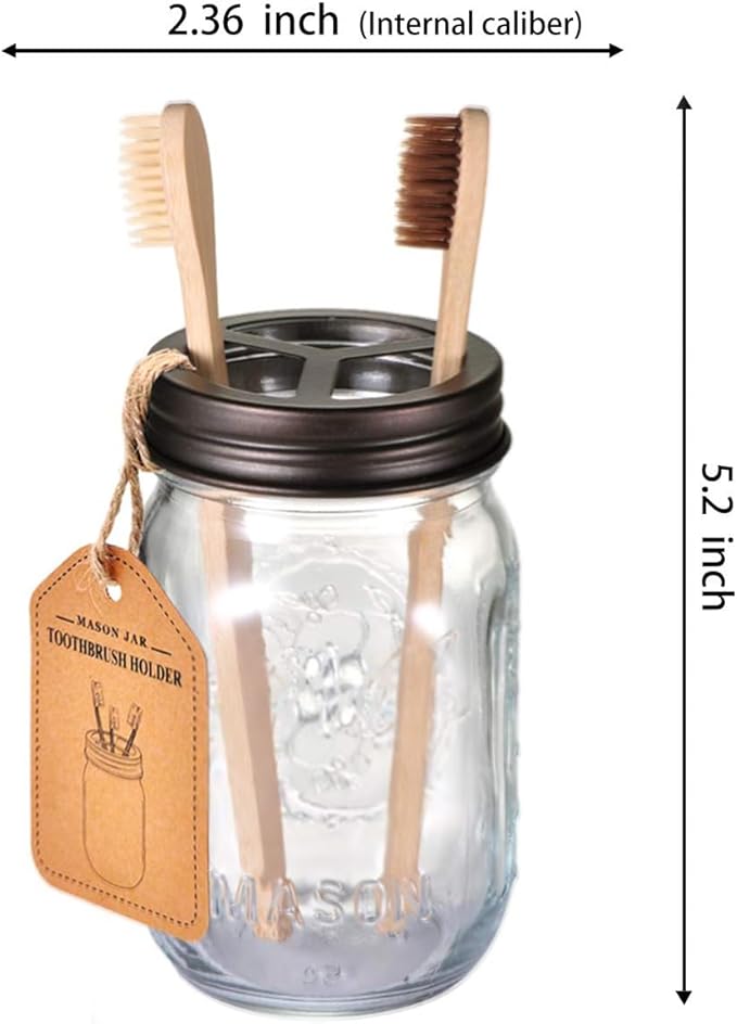 Mason Jar Toothbrush Holder – Bronze – with Genuine Glass 16 Ounce Mason Jar for Regular Mouth Mason Jar ， Premium Rust-Proof 304 Stainless Steel - Rustic Farmhouse Decor Bathroom Accessories