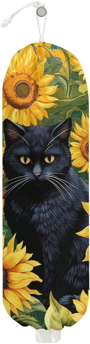 Sunflower Cat Plastic Bag Holder 22.5x9 Inch,Wall Mount Grocery Bag Holder for Plastic Bags,Reusable Large Grocery Bags Storage Dispenser,Home Kitchen Pantry Decor,Cat Gifts for Women Mom Grandma