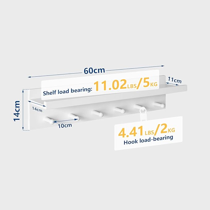 Wood Coat Hook with Wall-Mounted Shelf, 23.62in Entryway Wall Hanging Shelf, for Bathroom, Kitchen, Coat Towel Key Organizer White YD-WS0260W