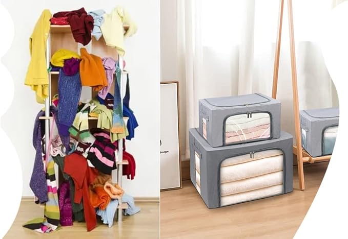 Stackable Clothes Storage Box for Clothing Gadgets,Steel Frame Storage Bins for Toys Gift,Foldable Oxford Fabric Closet Organizer Bag Set with Carry Handles Clear Window (Large- 66L x3 Pack, Grey)