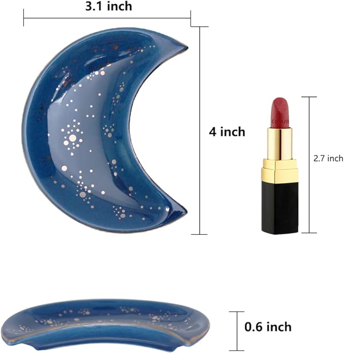Soddeph Small Moon Ceramic Jewelry Tray, Decorative Trinket Dish, Ring Holder Plate, Modern Accent Tray for Bathroom, Nightstand, Entryway Table, Vanity (2, Blue)
