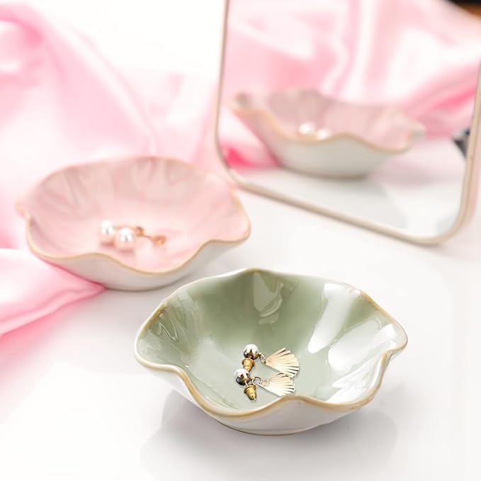 Ceramic jewelry dish,leaf tray key tray,small ring dish holder Plate trinket catchall nightstand decor for entryway table room Green