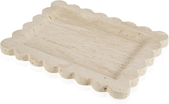 Luxury Beige Travertine Tray with Scalloped Edge, 11"x8" Rectangle Vanity Tray for Bathroom & Kitchen Counter, Decorative Organizer Tray for Dresser, Coffee Table, Home DÃ©cor