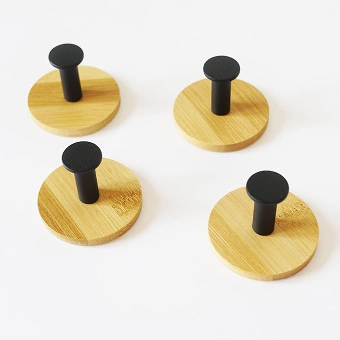 4Pack Decoration Wood Wall Hook Coat Hooks for Hanging Adhesive Waterproof Wall Hook Clothes Bag Key Hanger Hook Bedroom Kitchen Bathroom Door Robe Towel Hooks- Black