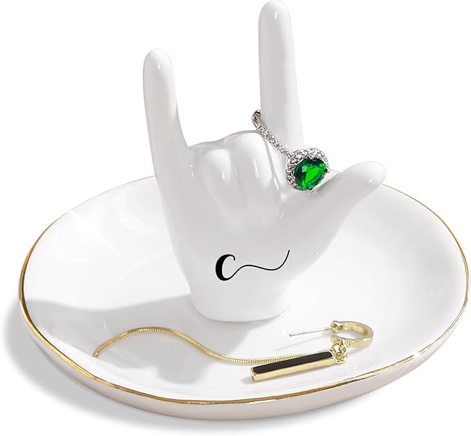 PUDDING CABIN Initial Ring Holder Hand Ring Dish Ring Tray for Jewelry Rings Earrings Bracelet Organizer, Monogrammed Gifts for Women Valentine's Day, Birthday, Wedding, Mothers Day, Bride Gifts