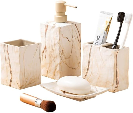Bathroom Accessories Set 4 Pieces Toothbrush Holder Soap Dispenser Ceramic Bathroom Decor Set Contain Toothbrush Cup Soap Dish Tumbler Marble Brown