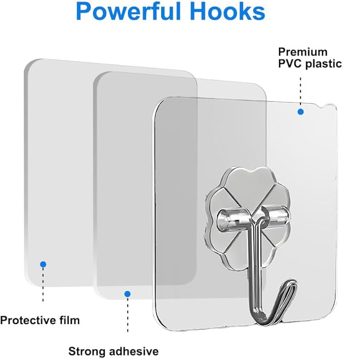 Koja 12 Pack Heavy-Duty Self-Adhesive Hooks - Transparent, Waterproof, Stick-on Wall Hooks for Keys, Bathroom, Shower, Outdoor, Kitchen, Door, Home Improvement, Utility Room.