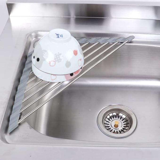 Over the Sink Dish Drying Rack Roll Up Dish Drying Rack and Triangle Dish Drying Rack for Sink Kitchen Corner Dish Drainer Mat Foldable Stainless Steel Corner Sink Rack for Kitchen (Triangle)