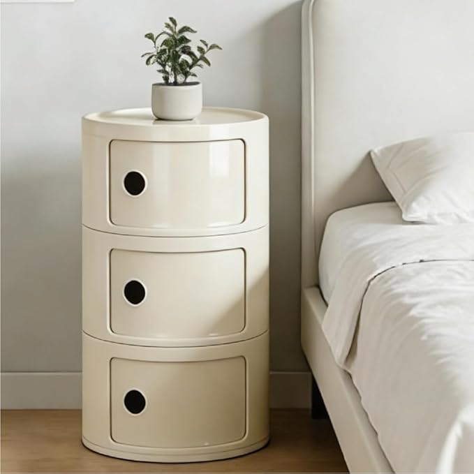 3 Tier Round with Storage, Modern Style Side Table, Multifunctional End Table Storage Cabinet for Living Room, Bedroom, Bathroom (Beige)