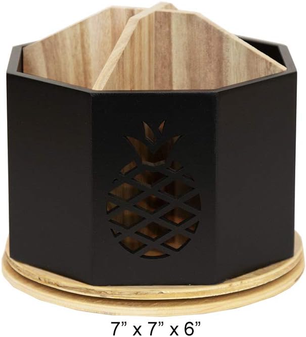 Spinning Desktop Stationary Organizer â Decorative Wooden Rotating Pen and Pencil Cup â 4 Compartment Black Desk and Table Top Office Supplies Station with Pineapple Cutout - by Designstyles