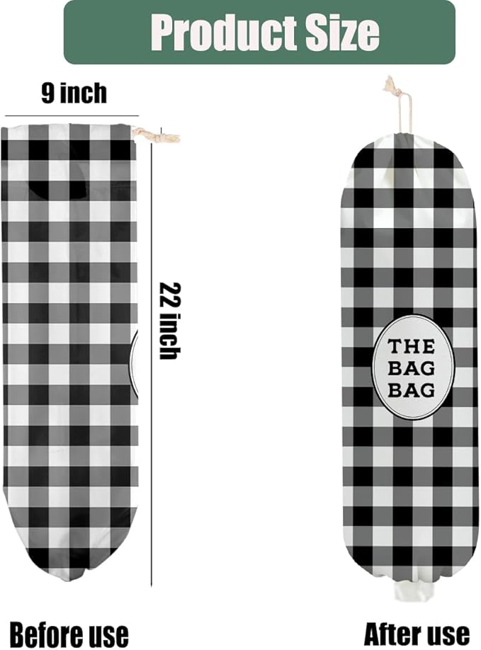 2 Pcs Black and White Checkered Plastic Bag Holder, Beige Grid Grocery Bag Holder for Plastic Bags, Reusable Grocery Bags Storage Dispenser for Home Kitchen Pantry Decor, Minimalist Gifts for Women