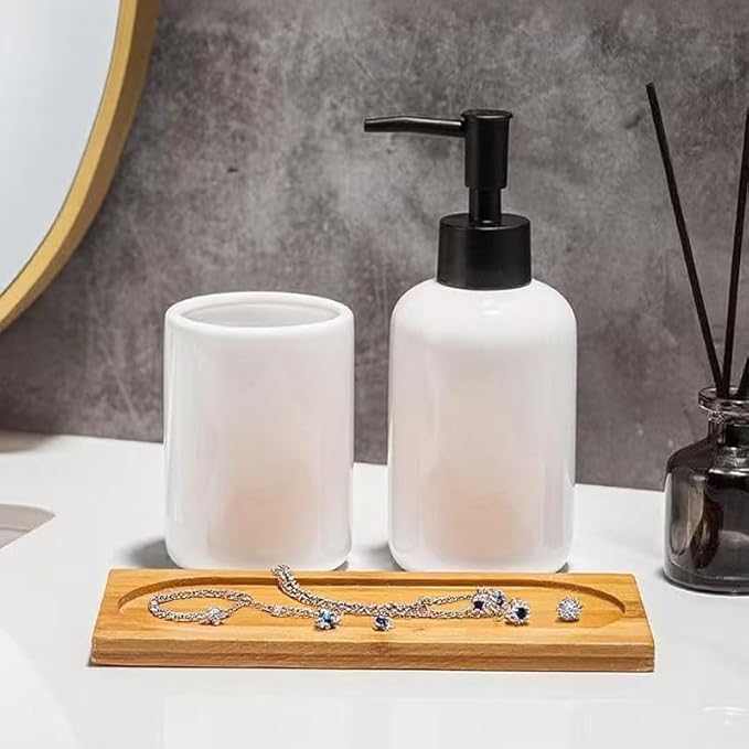 White Ceramic Soap Dispenser and Toothbrush Holder,3-Piece Bathroom Accessories Set Modern Cylinder Countertop Bath Set,Liquid Hand Soap Dispenser,Tumbler Cup,Wooden Vanity Tray