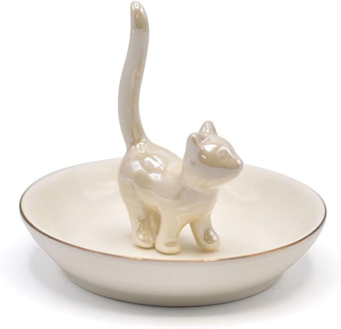 ROSA&ROSE Cat Ring Holder Trinket Tray Ceramic Jewelry Dish Decorative Ring Holder/Trinket Tray Engagement Wedding Birthday Gifts for Women Her(Pearl White)