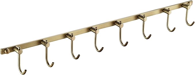 WINCASE Antique Brass Hooks, 8 Hook Coat Rack, Bath Wall Mounted Vintage Brushed Brass Bathroom Row Hooks Rustic Towels Coats Hooks