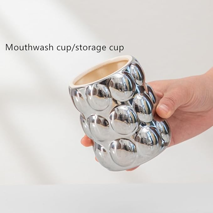 Anding Bathroom Accessory Sets, Includes Lotion Dispenser Toothbrush Holder, Cup and Soap Dish Ceramic Abstract Home Decor Shelf, Silver, (A635 Silver Set)