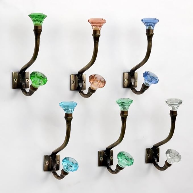 Indian Shelf 6 Pieces Glass Heavy Duty Decorative Double Wall Hooks for Hanging Coats, Jackets, Leash, Hat, Towel, Backpack, Purse, Handbag for Restroom Decors :Multicolor