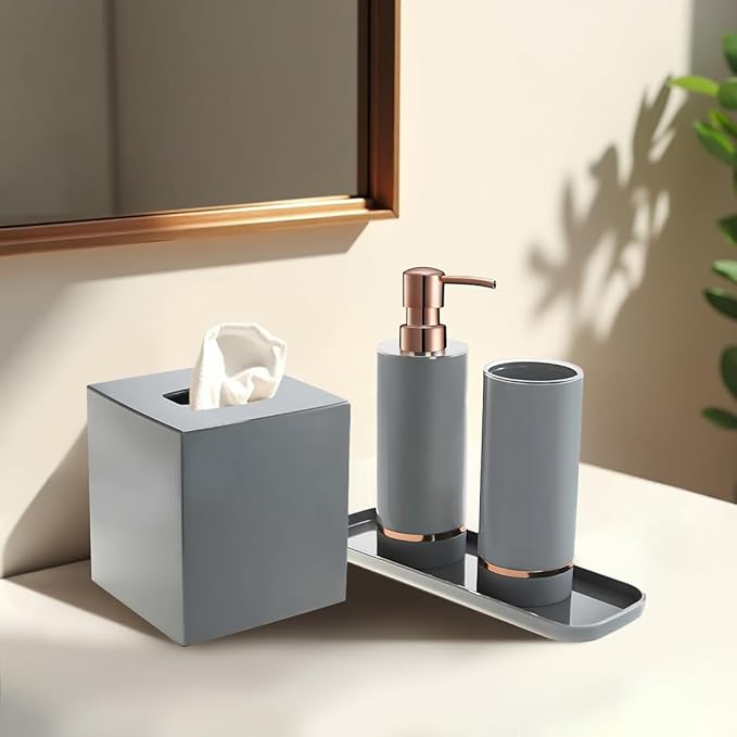 Decozen Bathroom Accessories - 4Pcs Bath Accessories for Home Decor Soap Dispenser, Lotion Dispenser, Tissue Box & Tray for Bath Decor Countertop Organizer - Christmas Decorations, Housewarming Gift