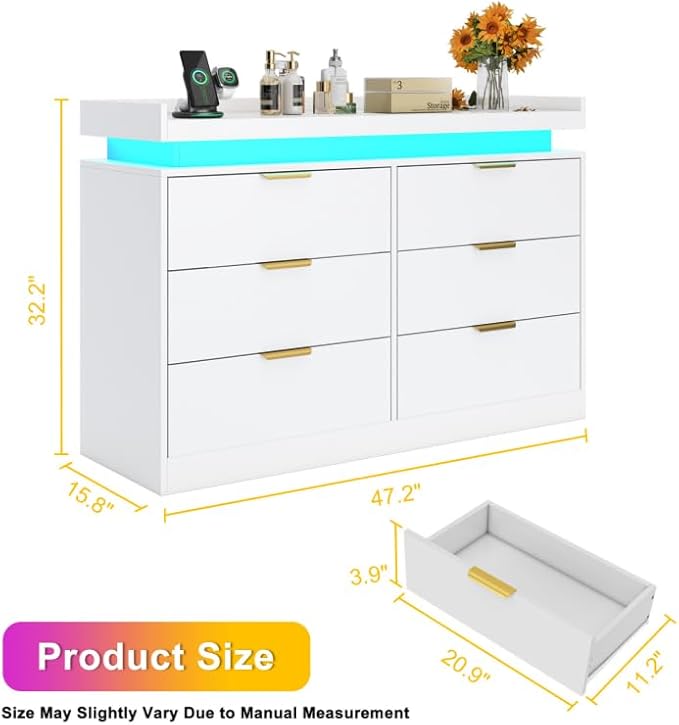 6 Drawer Dresser for Bedroom, White Dresser with LED Lights and Power Outlet, Modern Chest of Drawers for Closet, Double Wide Drawer Organizer Cabinet for Bedroom, Living Room, Entryway, Hallway