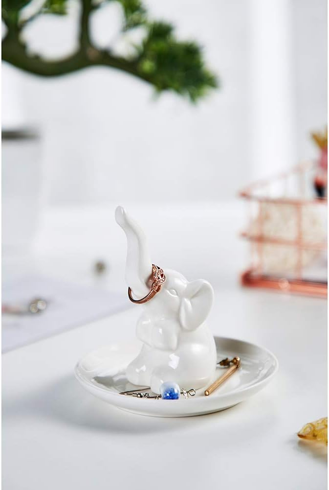 HOME SMILE Elephant Ring Dish Holder for Jewelry,Elephant Gifts for Women Chritsmas,Engagement Wedding Trinket Trays,Ceramic White